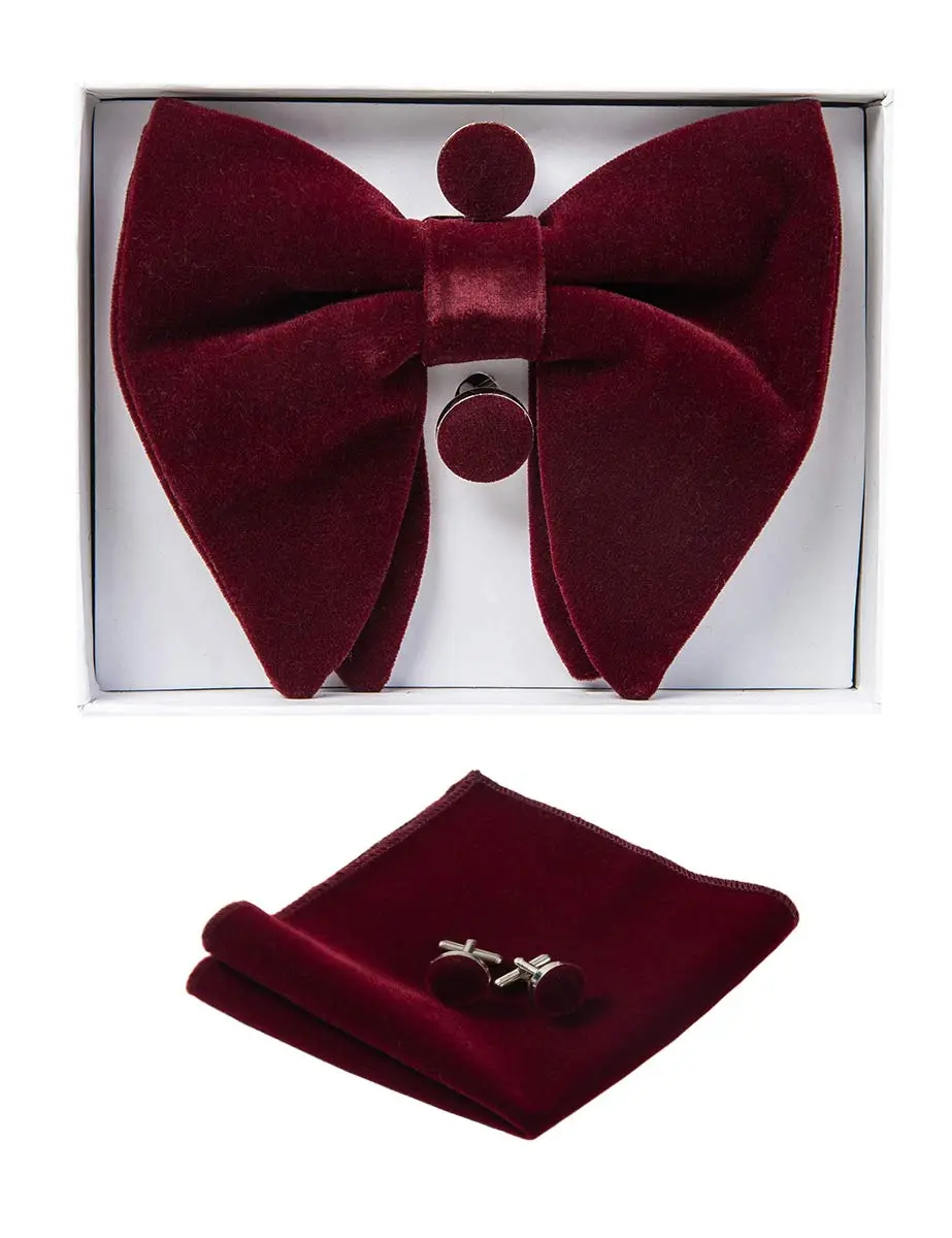 GUSLESON Velvet Bow Tie and Pocket Square Set | Burgundy Wedding Accessory - view 2