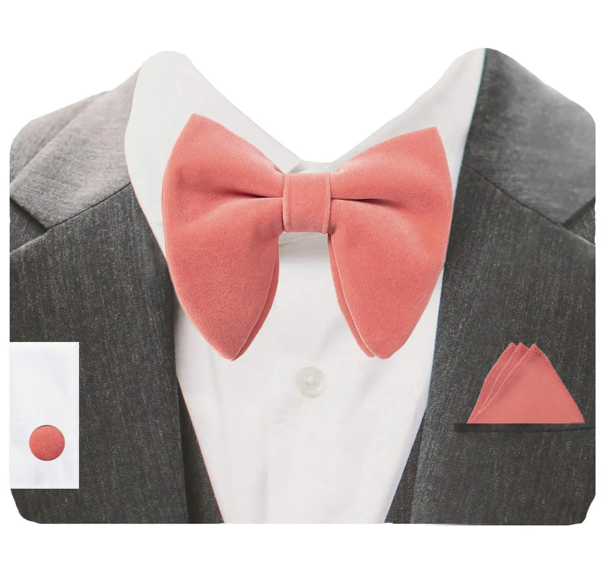 GUSLESON Coral Pink Velvet Bow Tie Set with Pocket Square & Cufflinks | Pre-tied Adjustable - main product image