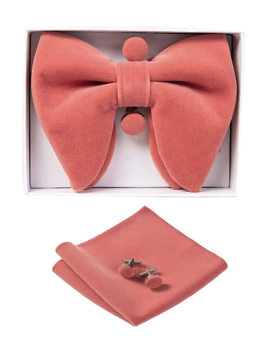 GUSLESON Coral Pink Velvet Bow Tie Set with Pocket Square & Cufflinks | Pre-tied Adjustable - view 2