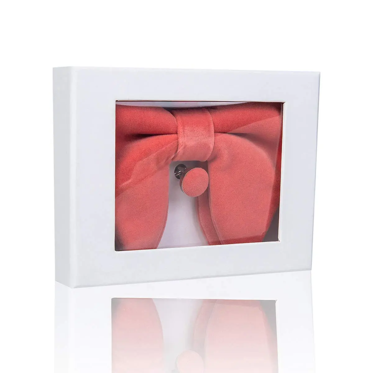 GUSLESON Coral Pink Velvet Bow Tie Set with Pocket Square & Cufflinks | Pre-tied Adjustable - view 4