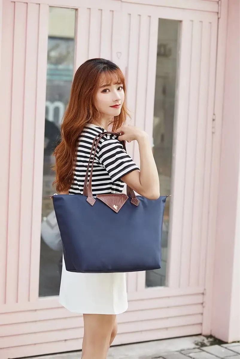 BOJLY Women's Tote Bag, Stylish Waterproof Nylon Shoulder Bag, Folding Beach Travel Bag for Work, Shopping, Blue Large | Everyday Carry Companion - view 3