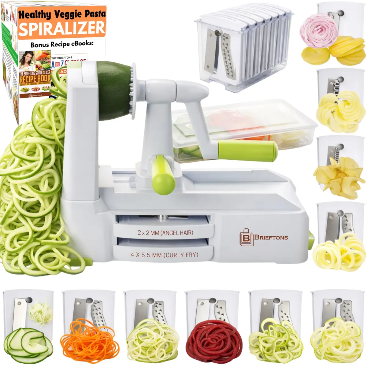 Brieftons 10-Blade Vegetable Spiralizer: Zoodle Maker & Veggie Noodle Maker, Potato String & Curly Fry Cutter, Japanese Steel Blades, Catch Container, Strong Suction Pad, 4 eBooks (10-Piece Set) - main product image