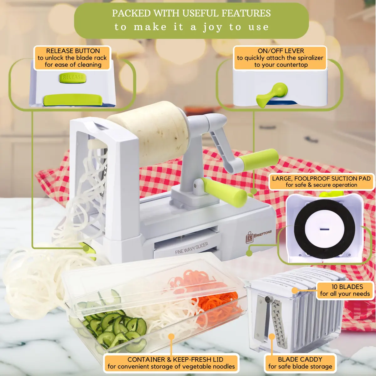 Brieftons 10-Blade Vegetable Spiralizer: Zoodle Maker & Veggie Noodle Maker, Potato String & Curly Fry Cutter, Japanese Steel Blades, Catch Container, Strong Suction Pad, 4 eBooks (10-Piece Set) - view 6