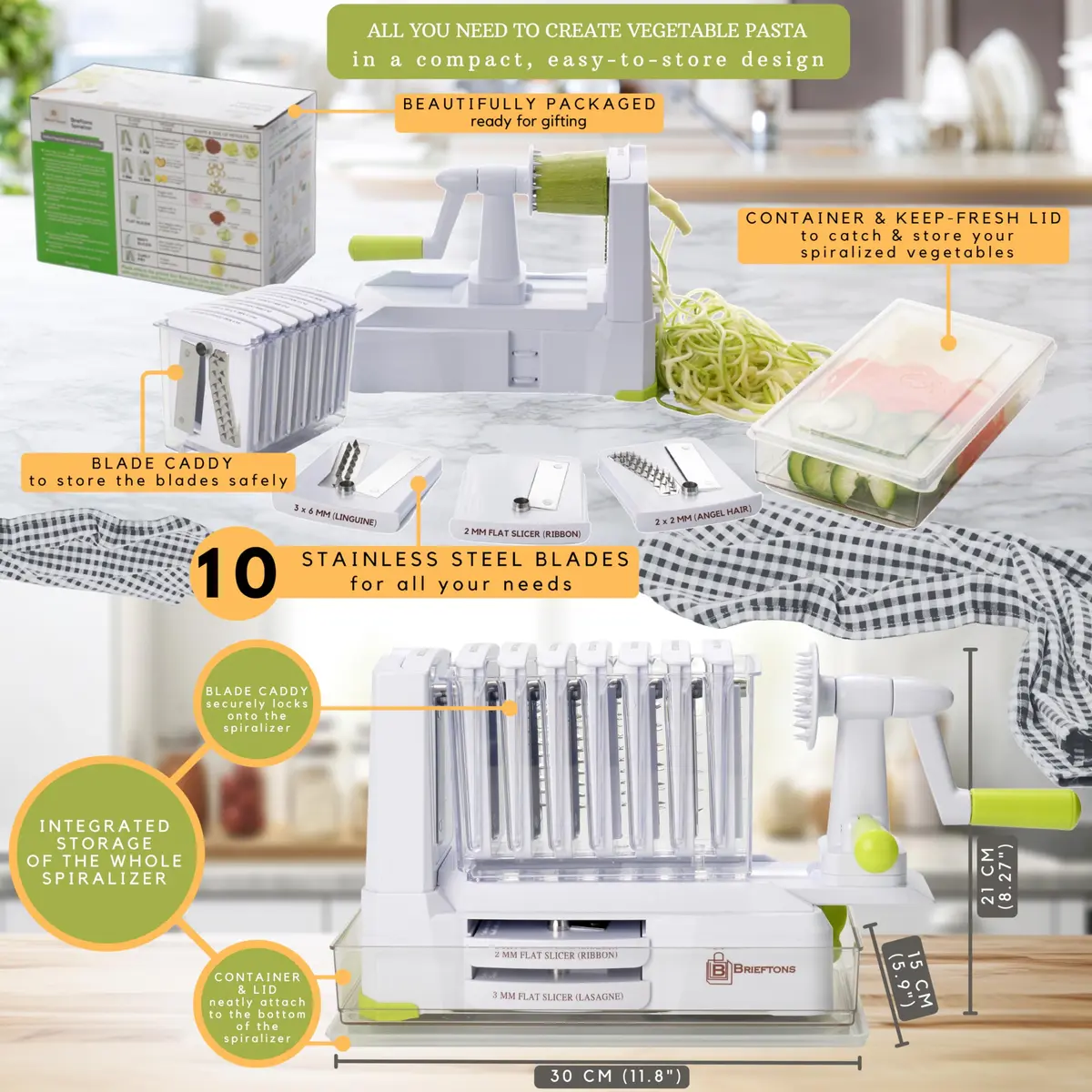 Brieftons 10-Blade Vegetable Spiralizer: Zoodle Maker & Veggie Noodle Maker, Potato String & Curly Fry Cutter, Japanese Steel Blades, Catch Container, Strong Suction Pad, 4 eBooks (10-Piece Set) - view 7
