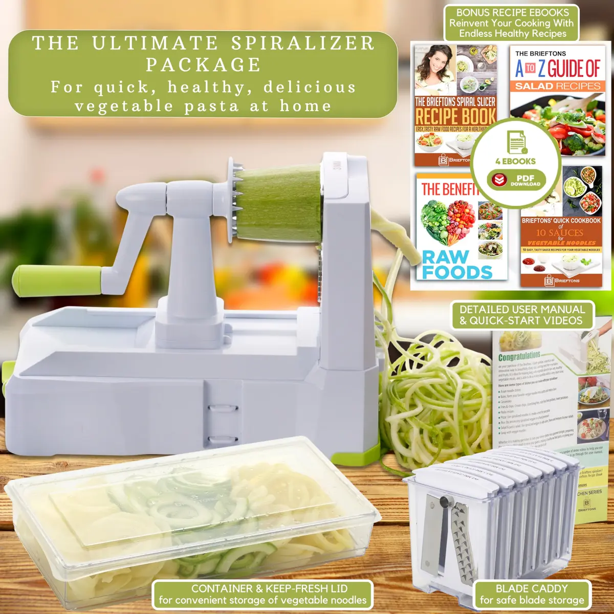 Brieftons 10-Blade Vegetable Spiralizer: Zoodle Maker & Veggie Noodle Maker, Potato String & Curly Fry Cutter, Japanese Steel Blades, Catch Container, Strong Suction Pad, 4 eBooks (10-Piece Set) - view 3