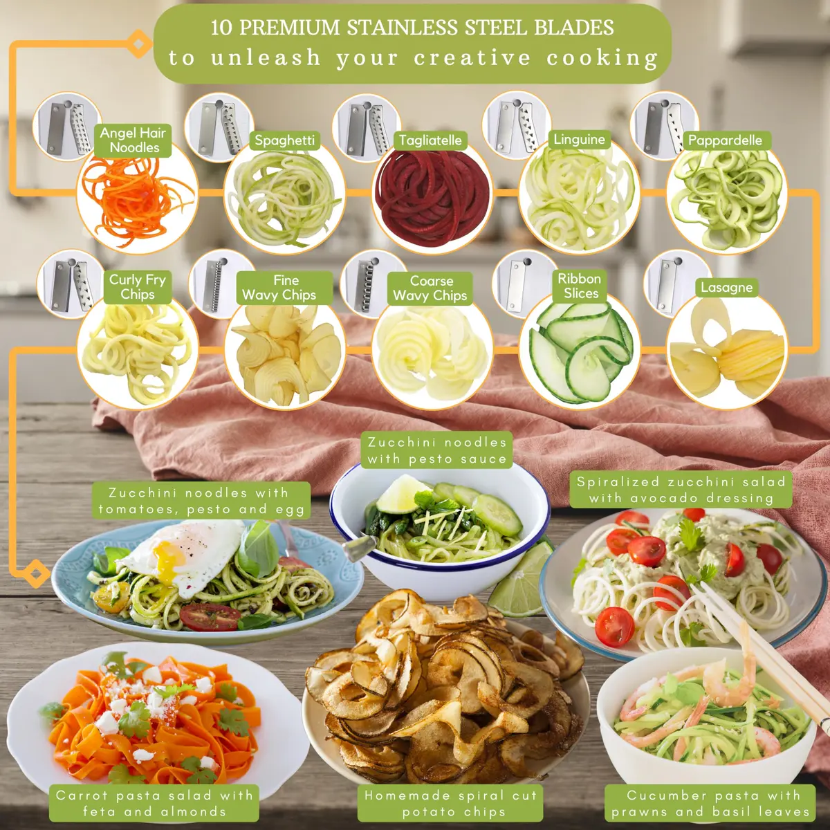 Brieftons 10-Blade Vegetable Spiralizer: Zoodle Maker & Veggie Noodle Maker, Potato String & Curly Fry Cutter, Japanese Steel Blades, Catch Container, Strong Suction Pad, 4 eBooks (10-Piece Set) - view 4