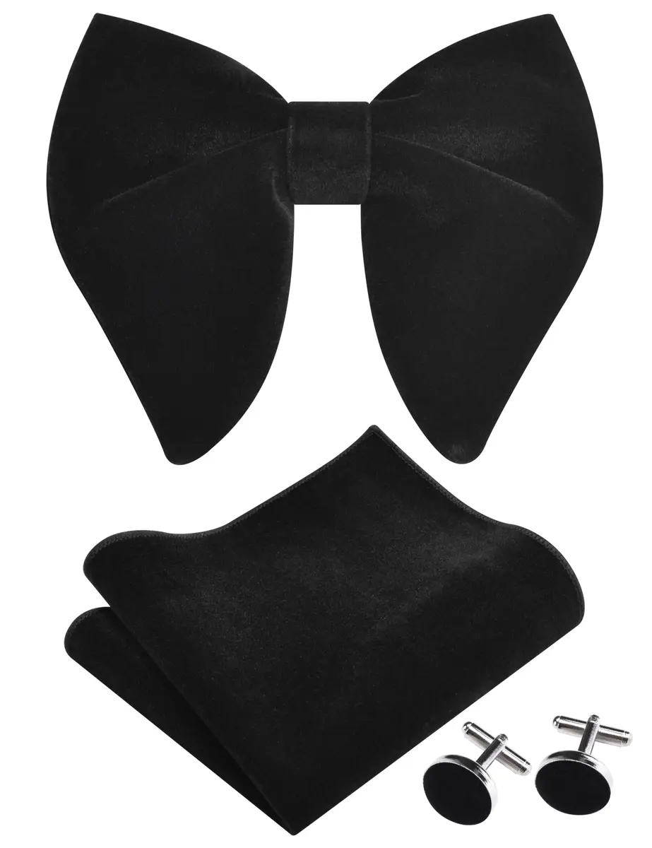GUSLESON Solid Black Velvet Bow Tie Set with Pocket Square & Cufflinks | Pre-tied Adjustable - main product image