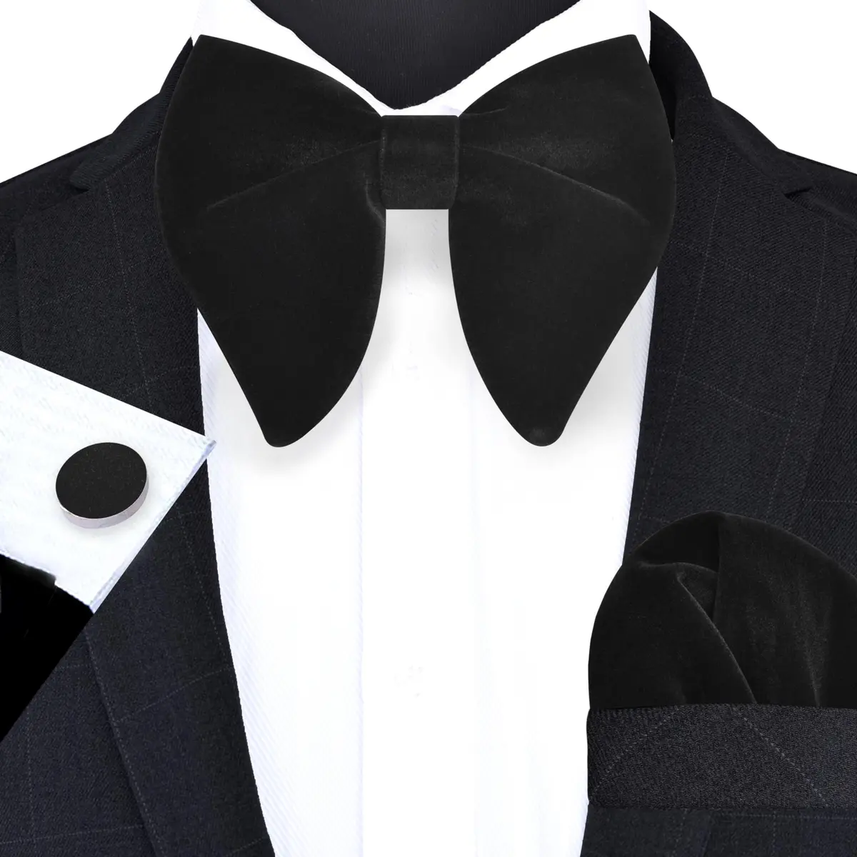 GUSLESON Solid Black Velvet Bow Tie Set with Pocket Square & Cufflinks | Pre-tied Adjustable - view 2