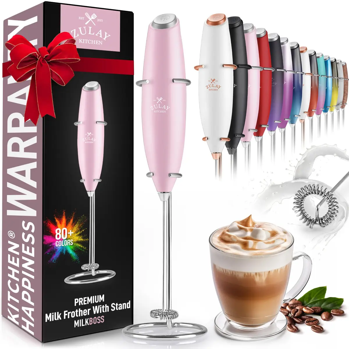 Zulay Kitchen Powerful Milk Frother with Upgraded Titanium Motor, Handheld Electric Whisk, Innocent Pink | Froths Milk in Seconds - main product image