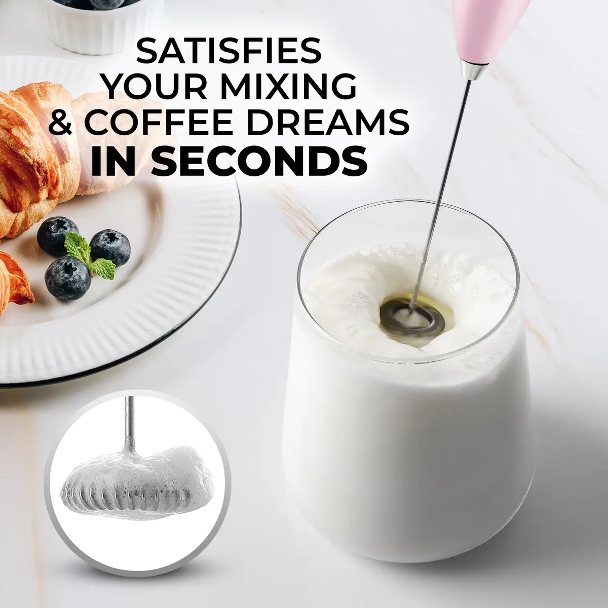 Zulay Kitchen Powerful Milk Frother with Upgraded Titanium Motor, Handheld Electric Whisk, Innocent Pink | Froths Milk in Seconds - view 2