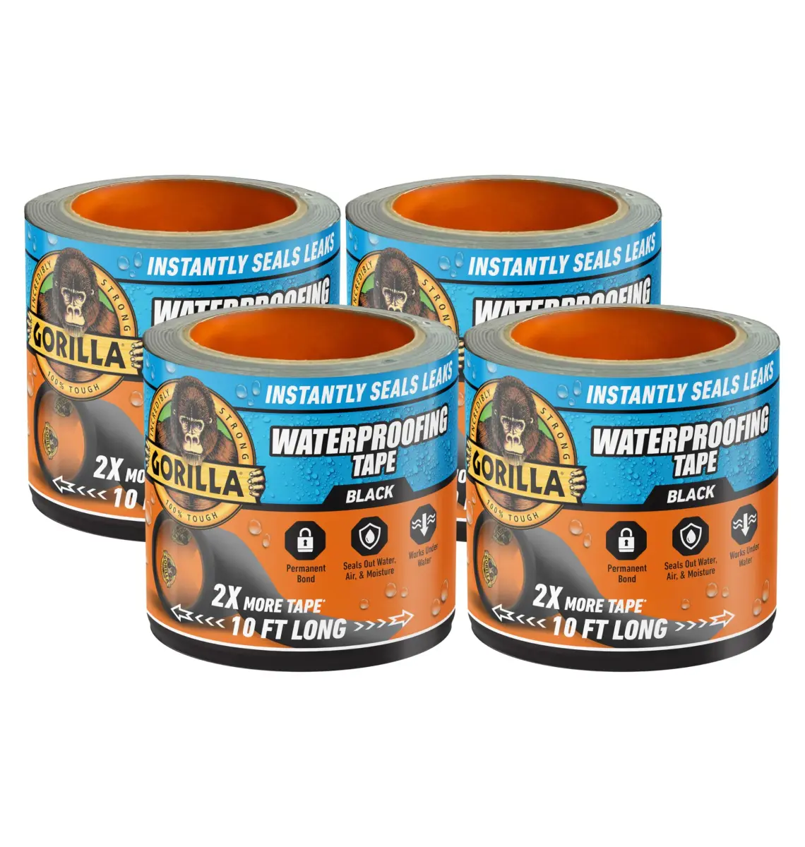 Gorilla Waterproof Patch & Seal Tape, Black, 4" x 10' (Pack of 4) | Permanent Weather Resistant Seal for Leaks and Repairs - main product image