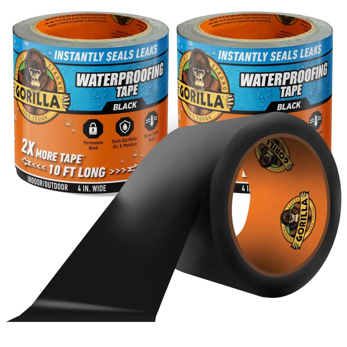 GORILLA Waterproof Patch & Seal Tape Black 4" x 10' (12.1 cm x 30.48 m) 2-Pack | Permanent Waterproof Seal for Leaks & Repairs - main product image
