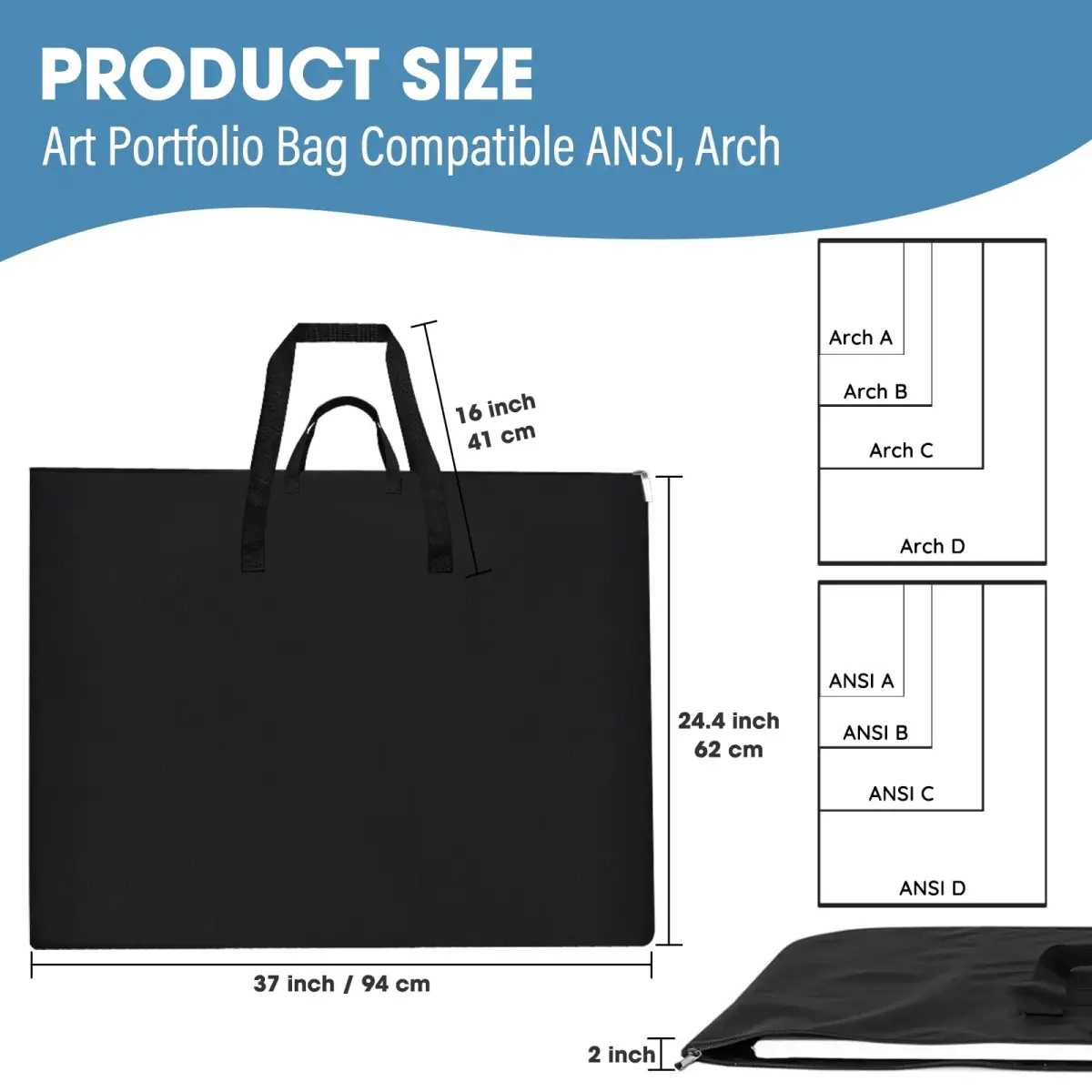 ZKOO Large Art Portfolio Bag 61 x 76 cm (24 x 36 Inch) | Waterproof Black Canvas Carrier Case - view 2