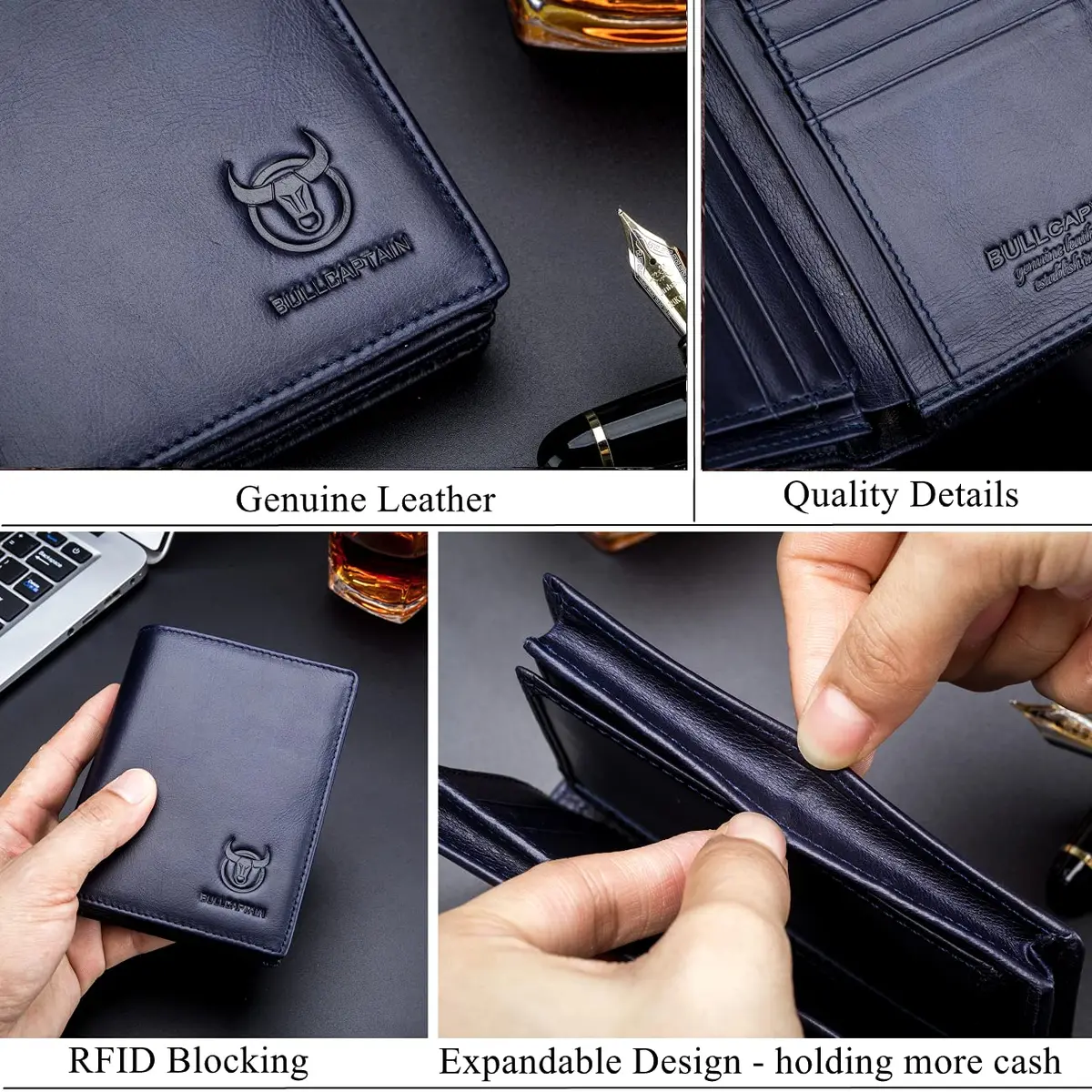 BULLCAPTAIN Large Capacity Genuine Leather Wallet for Men QB-027 | RFID Protected & Expandable (Blue) - view 6