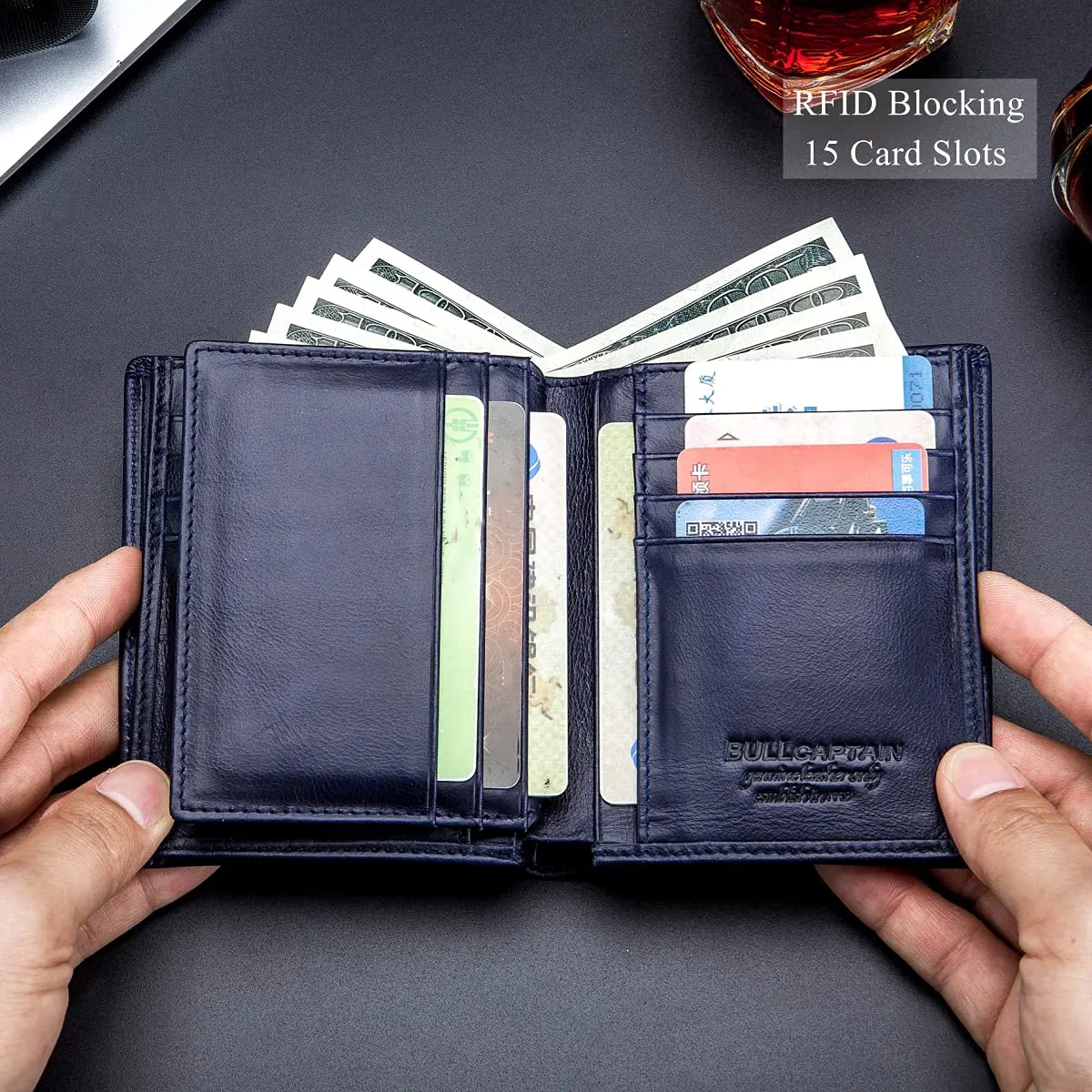 BULLCAPTAIN Large Capacity Genuine Leather Wallet for Men QB-027 | RFID Protected & Expandable (Blue) - view 4