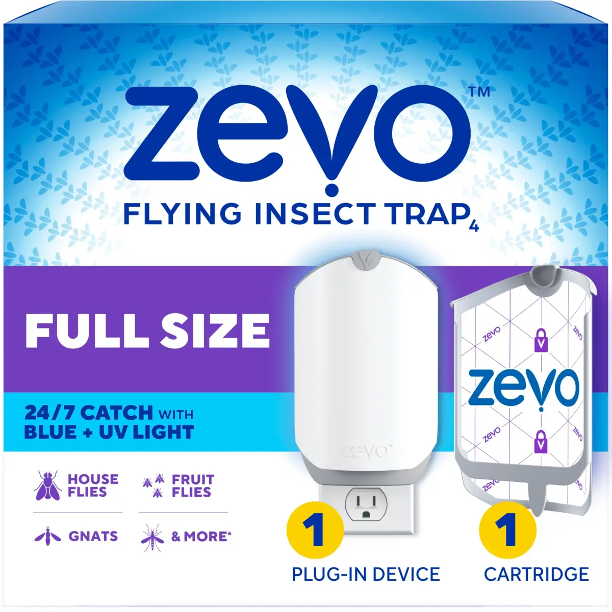 Zevo Flying Insect Trap with Refill | Catches Fruit Flies, Gnats & House Flies 24/7 | 1 Device & 1 Cartridge - main product image