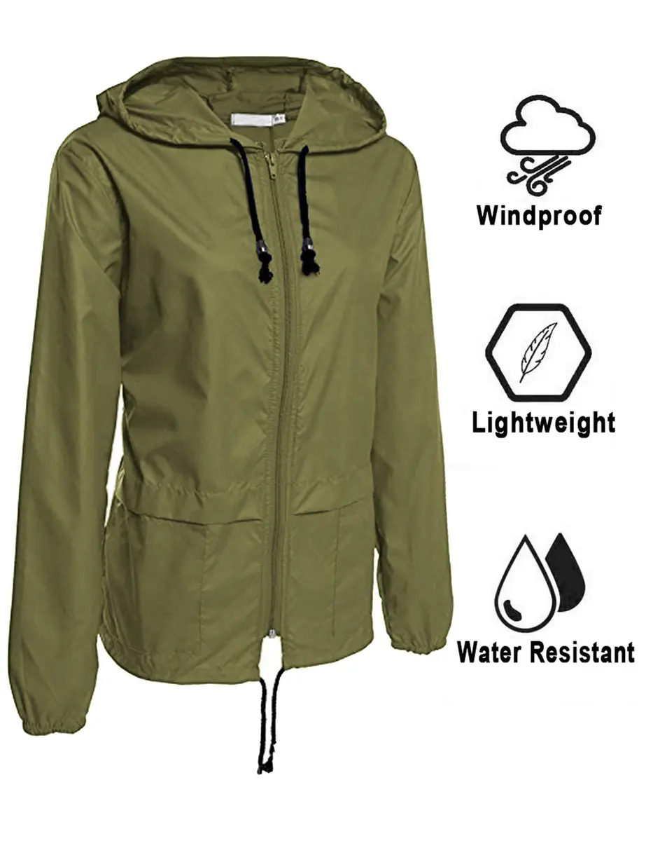 Avoogue Lightweight Raincoat Women's Waterproof Windbreaker Packable Outdoor Hooded Rain Jacket Army Green M - view 3