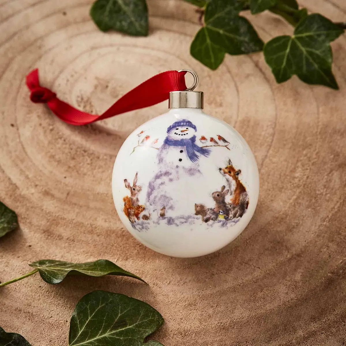 Portmeirion Christmas Bauble Gathered Around Snowman 2.6" Bone China Festive Decor - view 4