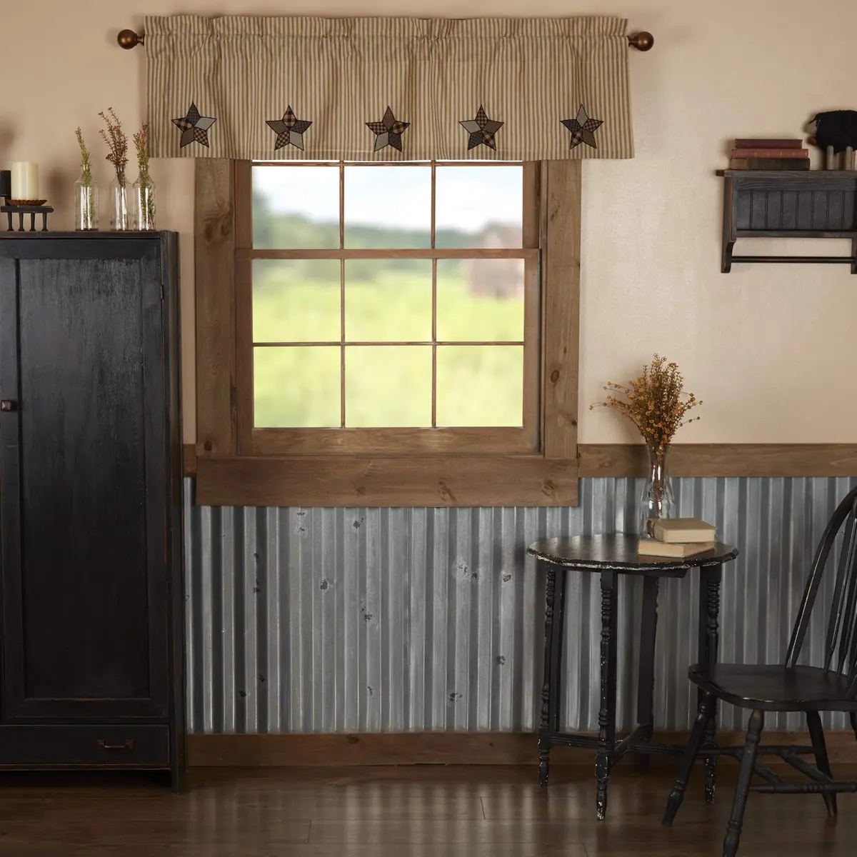 VHC Brands Farmhouse Star Appliqued Cotton Kitchen Curtains 16x60 | Rustic Colonial Americana Style - view 2