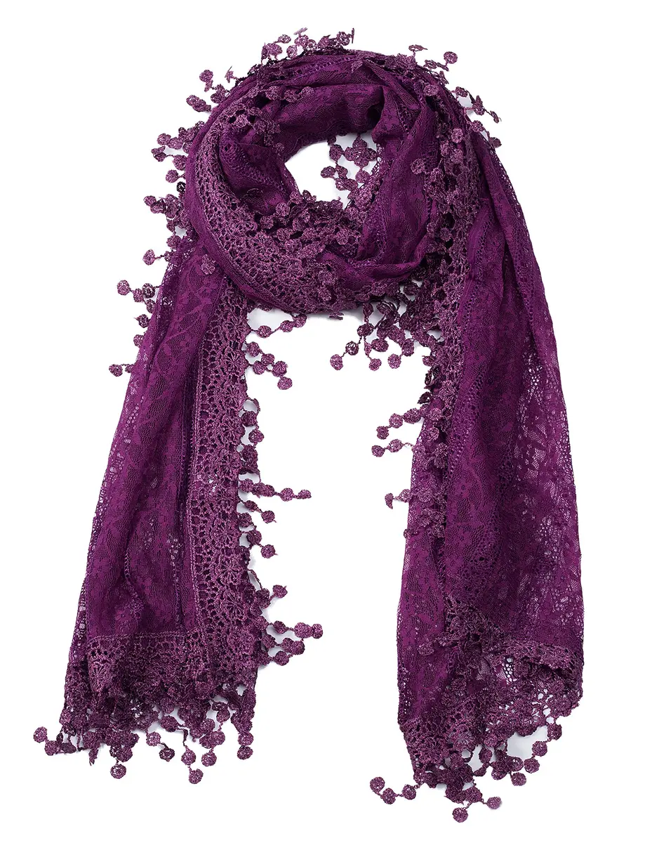 Tan's Women's Lightweight Feminine Lace Teardrop Fringe Scarf 20" x 70" | Elegant Mesh Crochet Tassel - main product image