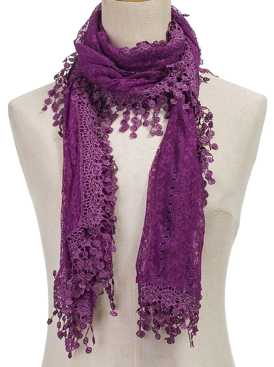 Tan's Women's Lightweight Feminine Lace Teardrop Fringe Scarf 20" x 70" | Elegant Mesh Crochet Tassel - view 2