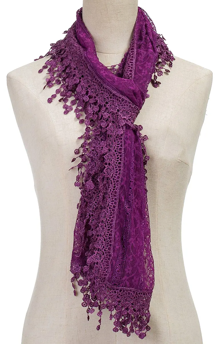Tan's Women's Lightweight Feminine Lace Teardrop Fringe Scarf 20" x 70" | Elegant Mesh Crochet Tassel - view 3