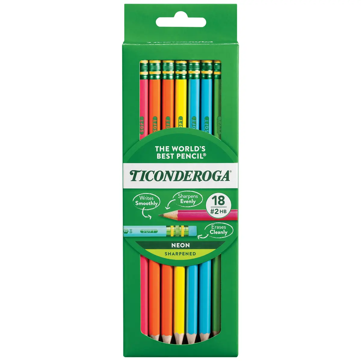 Ticonderoga Wood-Cased Pencils, Pre-Sharpened | Bright Neon Colors, #2 Graphite, Kid-Safe, 18 Count - main product image