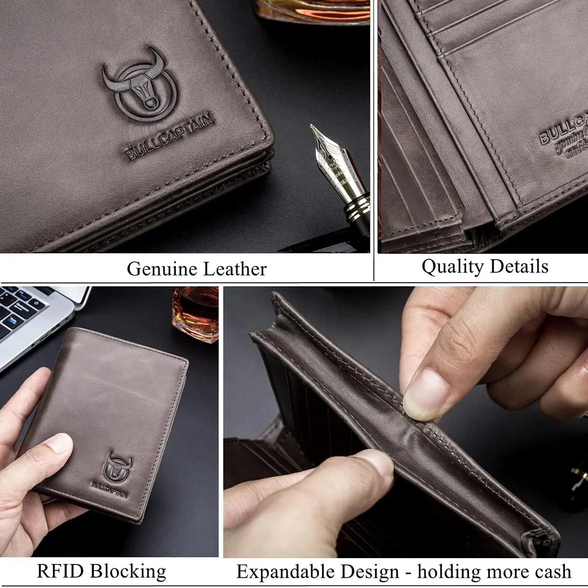 BULLCAPTAIN Genuine Leather Wallet for Men QB-027 Grey | Large Capacity RFID Blocking Bifold Wallet 12.5cm x 9.5cm x 2.5cm - view 6