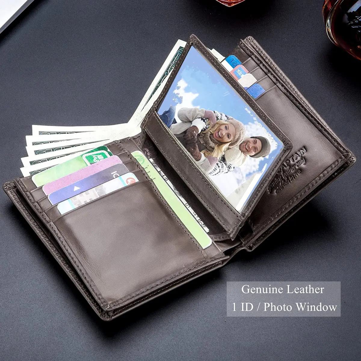 BULLCAPTAIN Genuine Leather Wallet for Men QB-027 Grey | Large Capacity RFID Blocking Bifold Wallet 12.5cm x 9.5cm x 2.5cm - view 3