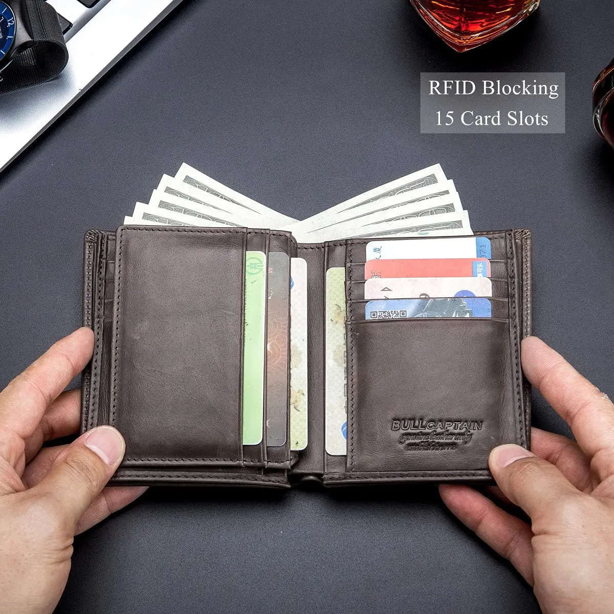 BULLCAPTAIN Genuine Leather Wallet for Men QB-027 Grey | Large Capacity RFID Blocking Bifold Wallet 12.5cm x 9.5cm x 2.5cm - view 4