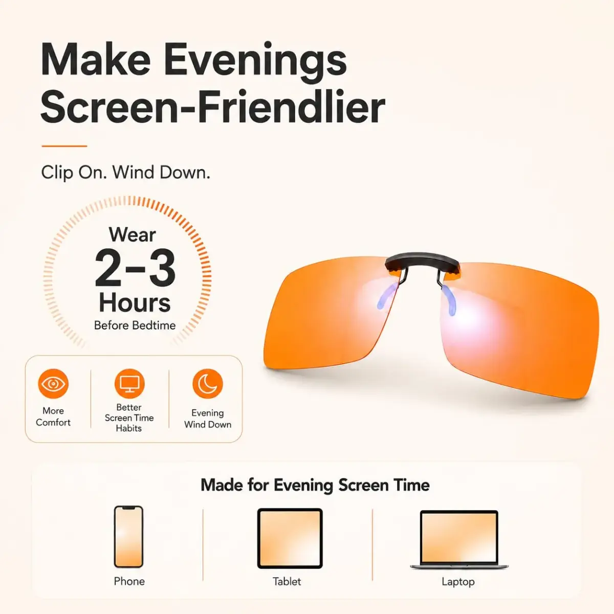 Vyzia Orange Clip-On Blue Light Blocking Glasses for Sleep | 60mm (2.36in) Lens Width - view 3