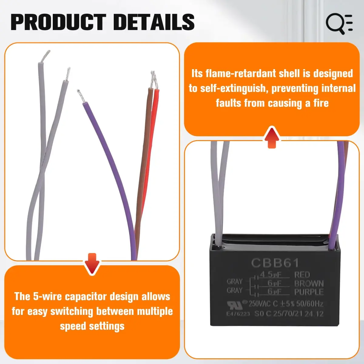 Podoy Ceiling Fan Capacitor 5 Wire CBB61 4.5uF+6uF+6uF 250VAC | Universal Fit for Harbor Breeze Fans - view 4