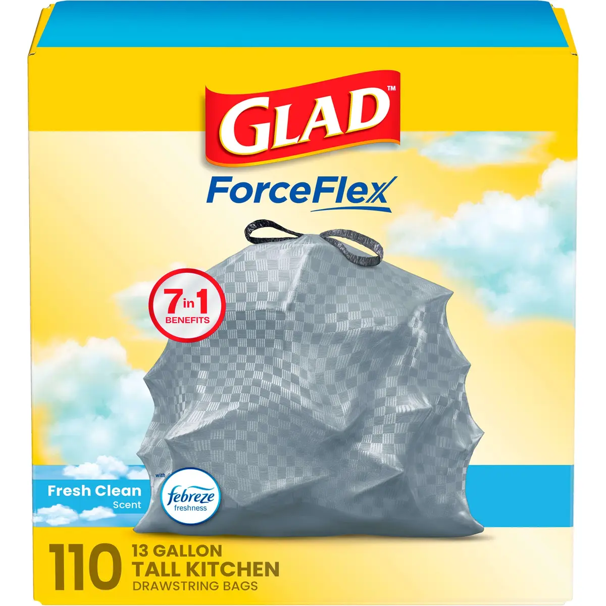 Glad Tall Kitchen Drawstring Trash Bags 13 Gallon | Odorshield Febreze Fresh Clean, 110 Count - main product image