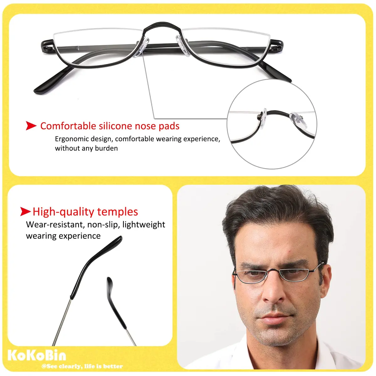 KoKoBin Half Reading Glasses 2 Pairs Metal Frame 2.50 Diopters | Clear Lens, Unisex Adult - view 4