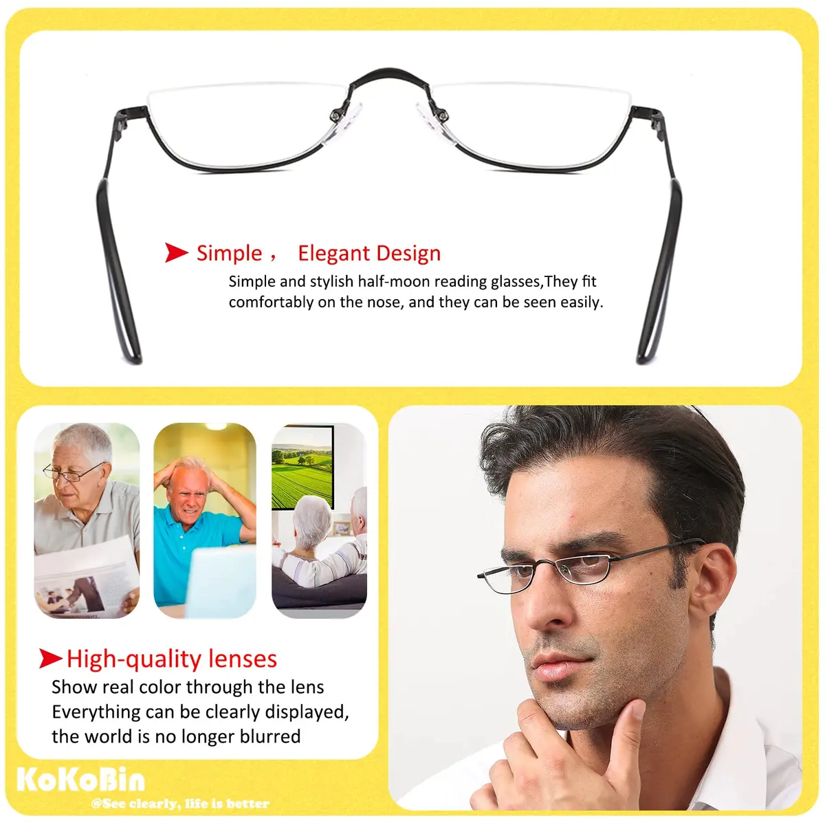 KoKoBin Half Reading Glasses 2 Pairs Metal Frame 2.50 Diopters | Clear Lens, Unisex Adult - view 5