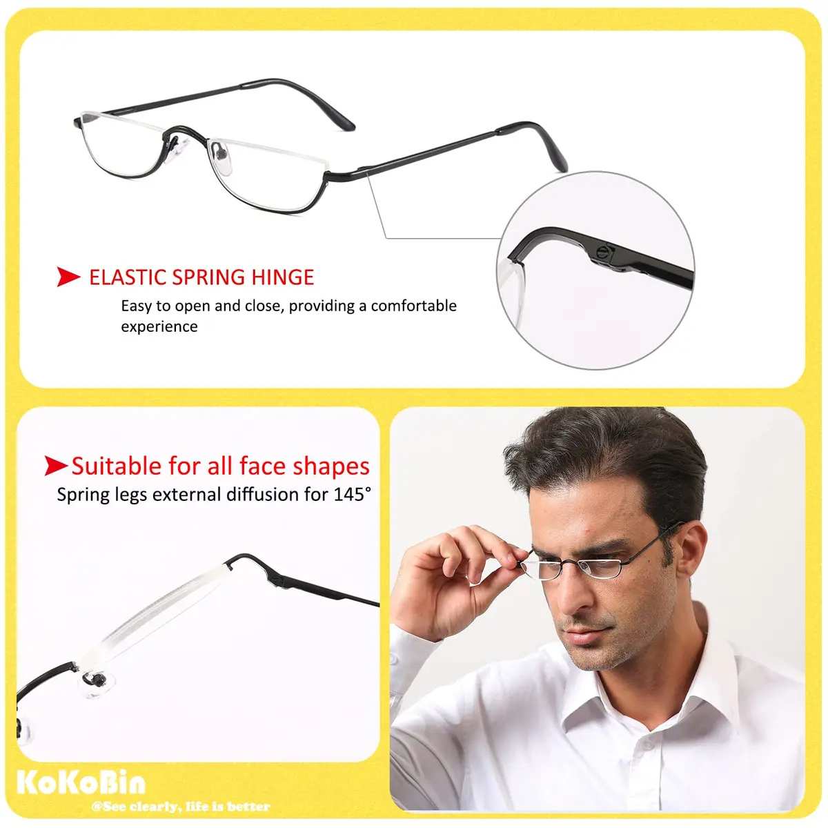 KoKoBin Half Reading Glasses 2 Pairs Metal Frame 2.50 Diopters | Clear Lens, Unisex Adult - view 3