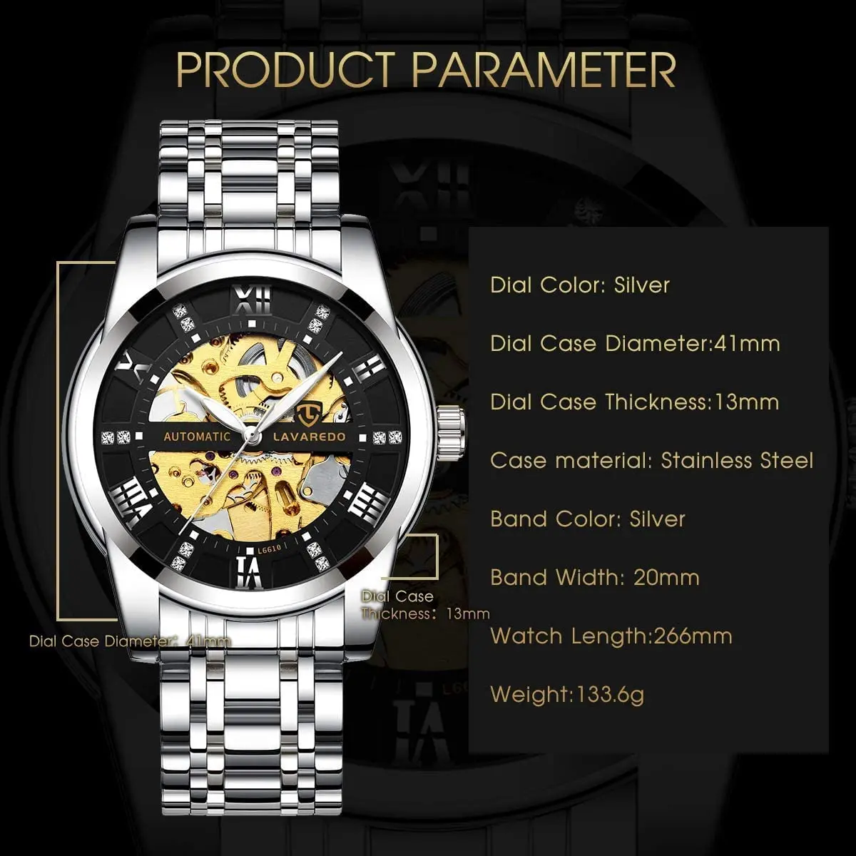 A ALPS Automatic Mechanical Watch for Men, 41mm Stainless Steel Skeleton Dial | 30M Waterproof - view 7