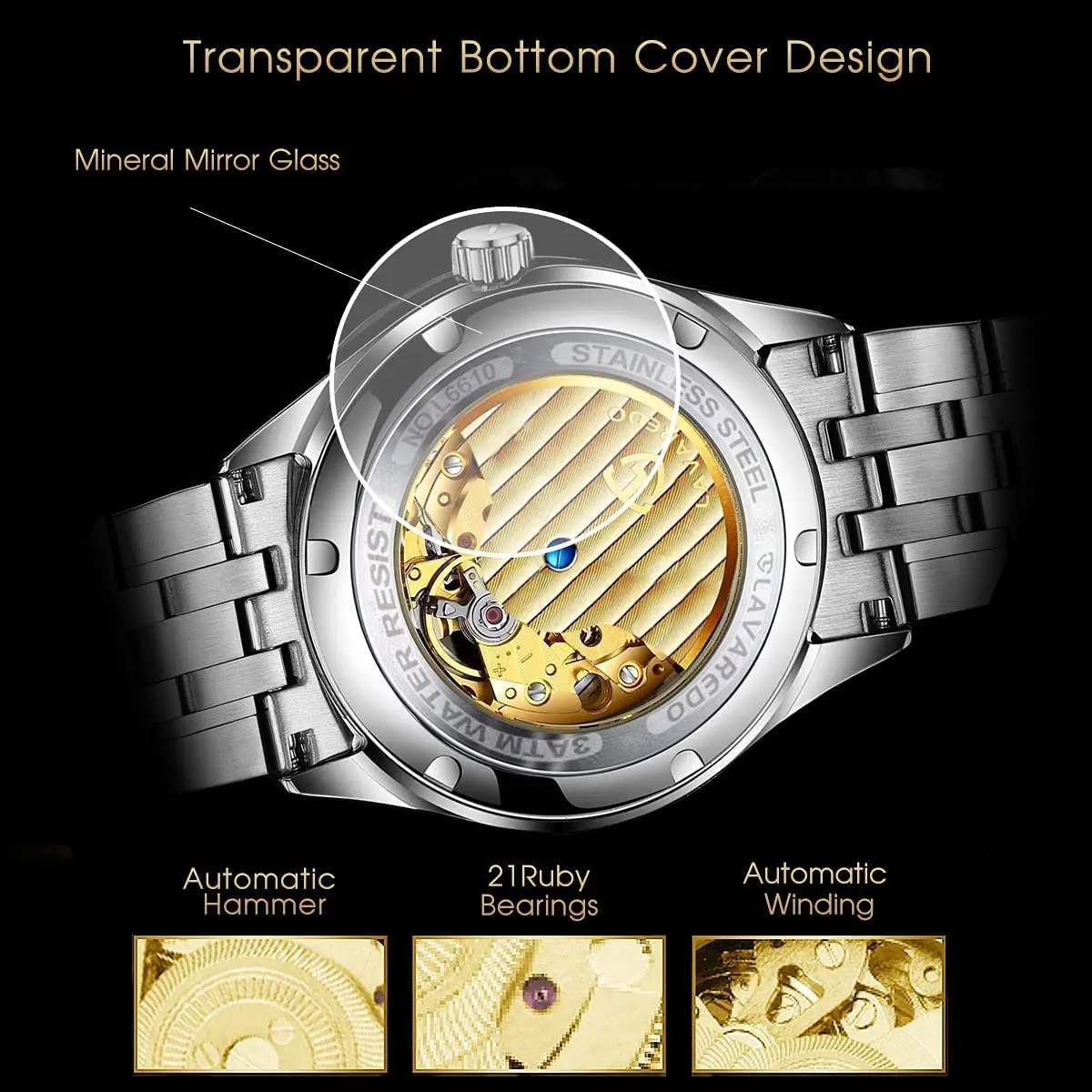 A ALPS Automatic Mechanical Watch for Men, 41mm Stainless Steel Skeleton Dial | 30M Waterproof - view 4
