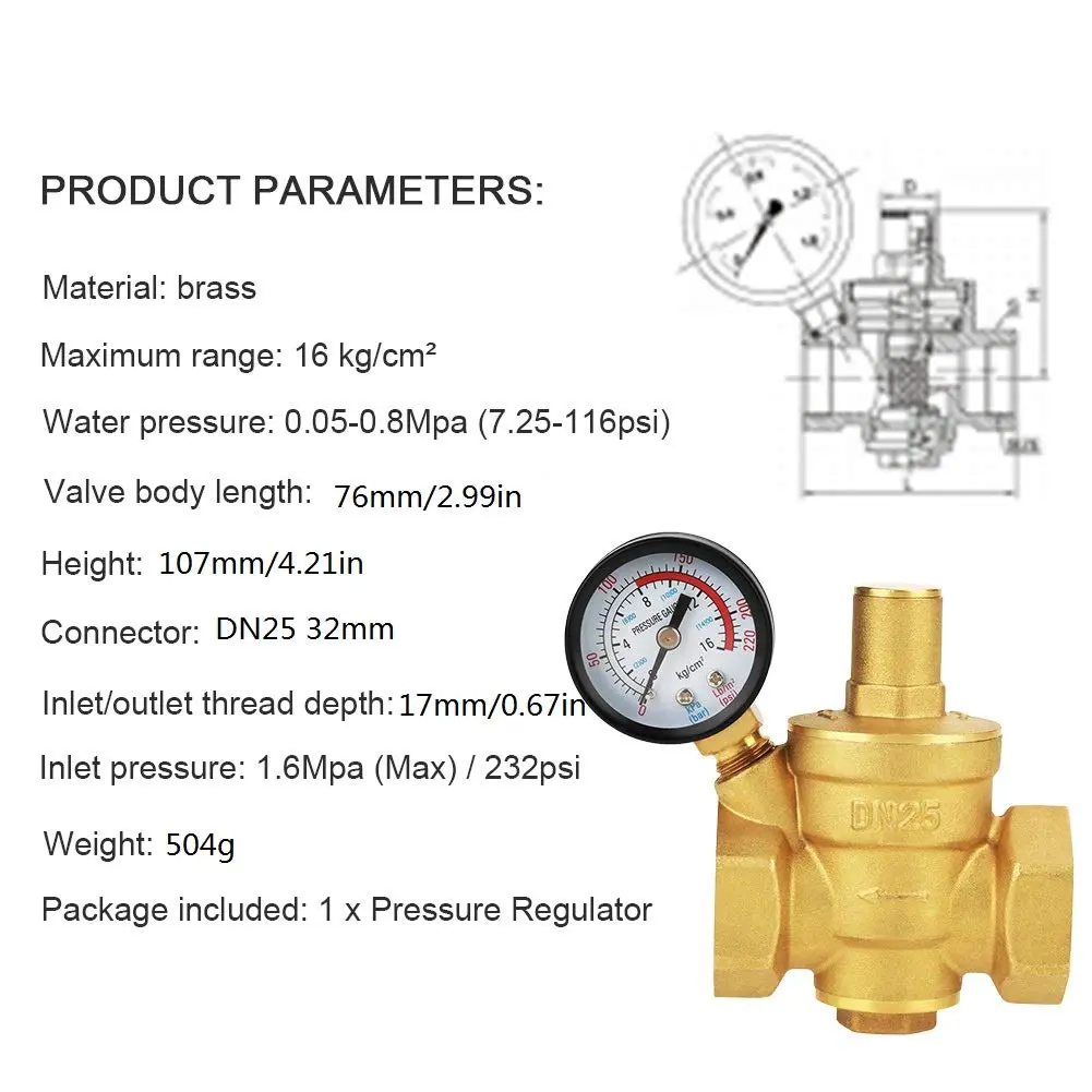 Keenso DN25 Water Pressure Regulator Brass 1.6Mpa | Hydraulic & Solar Energy Use - view 7