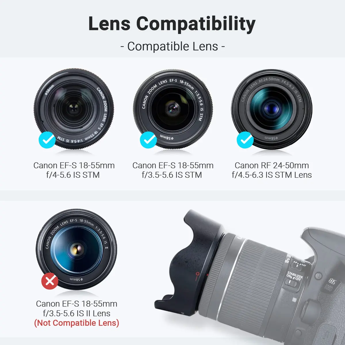 JJC Lens Hood for Canon EF-S 18-55mm f/3.5-5.6 IS STM & RF 24-50mm f/4-6.3 IS STM Lenses, Reversible Bayonet Mount, 58mm Filter Compatible | Protects Lens from Flare & Impact - view 6