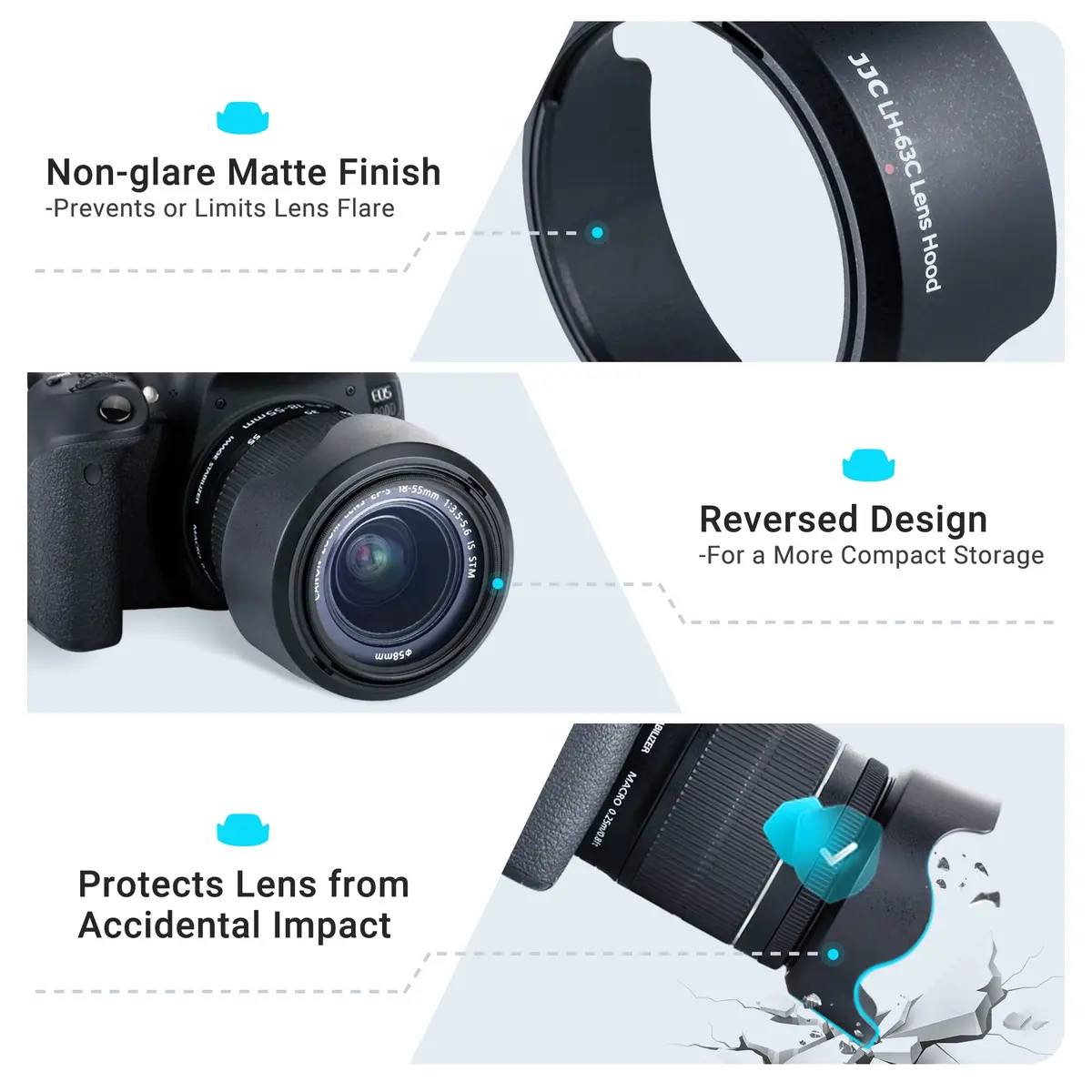 JJC Lens Hood for Canon EF-S 18-55mm f/3.5-5.6 IS STM & RF 24-50mm f/4-6.3 IS STM Lenses, Reversible Bayonet Mount, 58mm Filter Compatible | Protects Lens from Flare & Impact - view 4