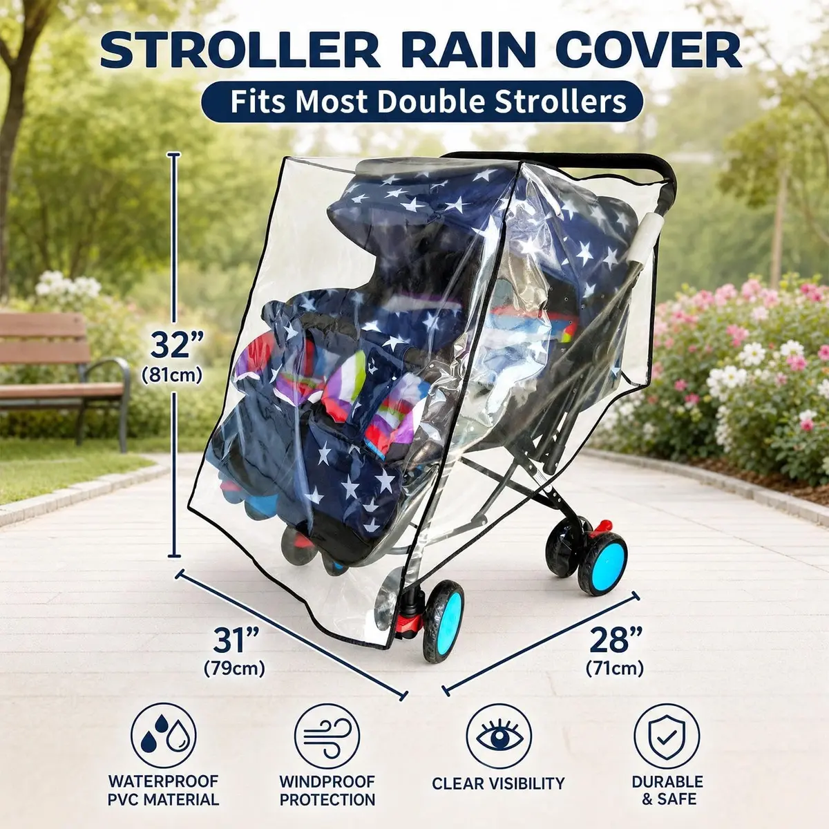 HSJH Weather Shield for Double Stroller Waterproof Rain Cover 42cm x 79cm x 82cm | Universal Twin Rain Cover - view 2