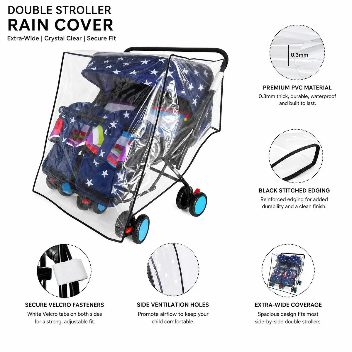 HSJH Weather Shield for Double Stroller Waterproof Rain Cover 42cm x 79cm x 82cm | Universal Twin Rain Cover - view 3