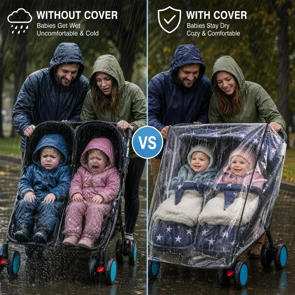 HSJH Weather Shield for Double Stroller Waterproof Rain Cover 42cm x 79cm x 82cm | Universal Twin Rain Cover - view 4