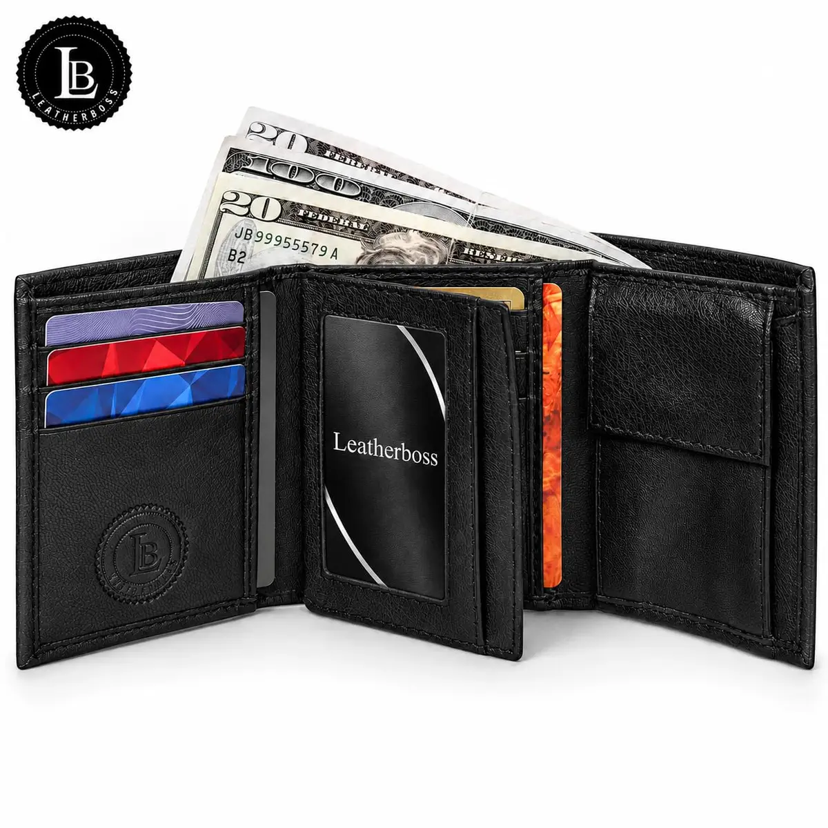 LB LEATHERBOSS Black Genuine Leather Trifold Wallet for Men | 10.16cm (4in) Long - view 5