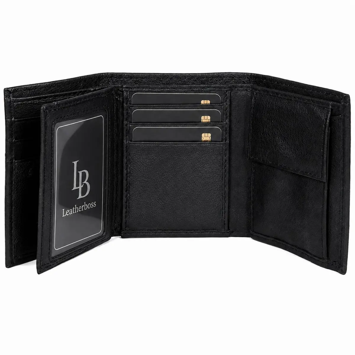 LB LEATHERBOSS Black Genuine Leather Trifold Wallet for Men | 10.16cm (4in) Long - view 6