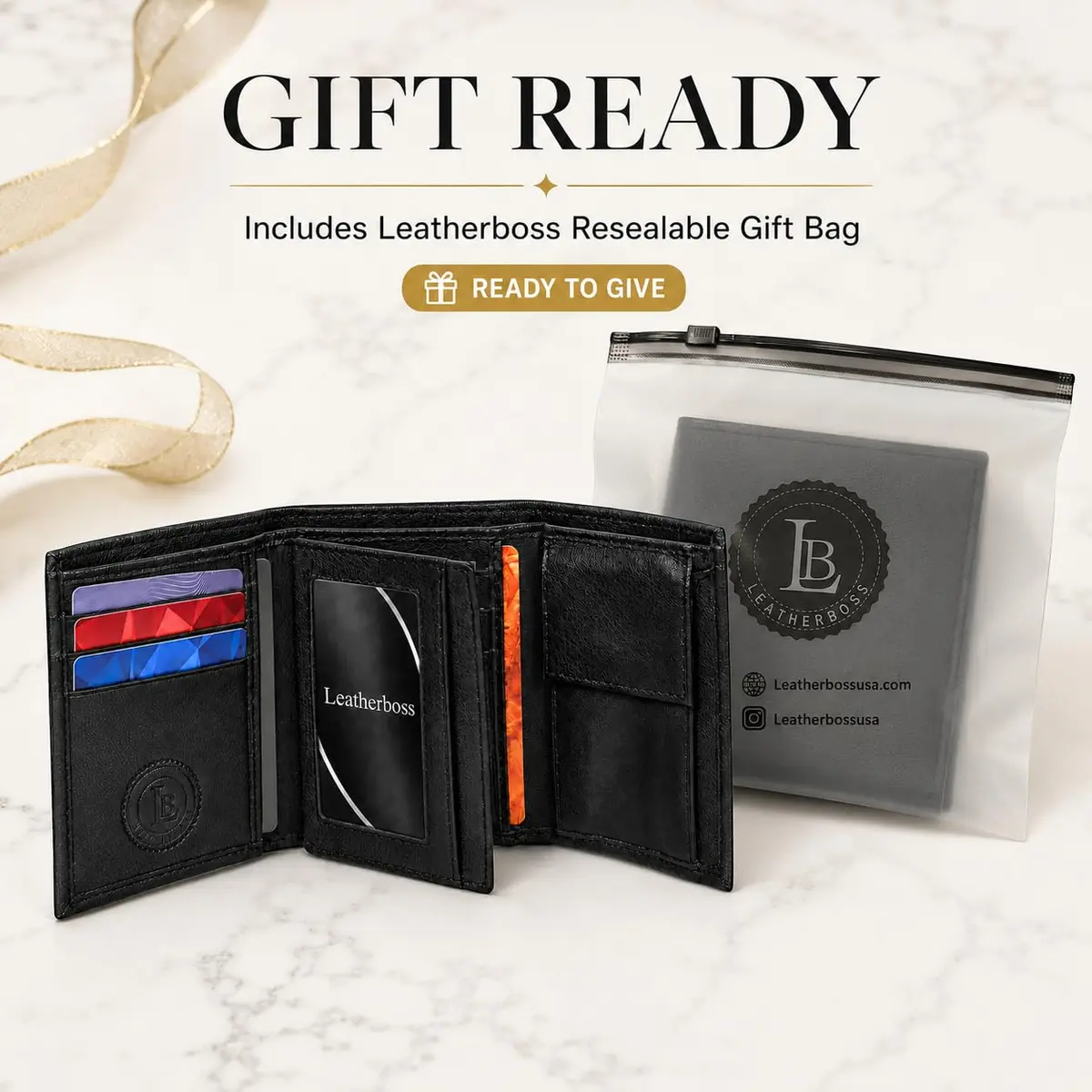LB LEATHERBOSS Black Genuine Leather Trifold Wallet for Men | 10.16cm (4in) Long - view 9