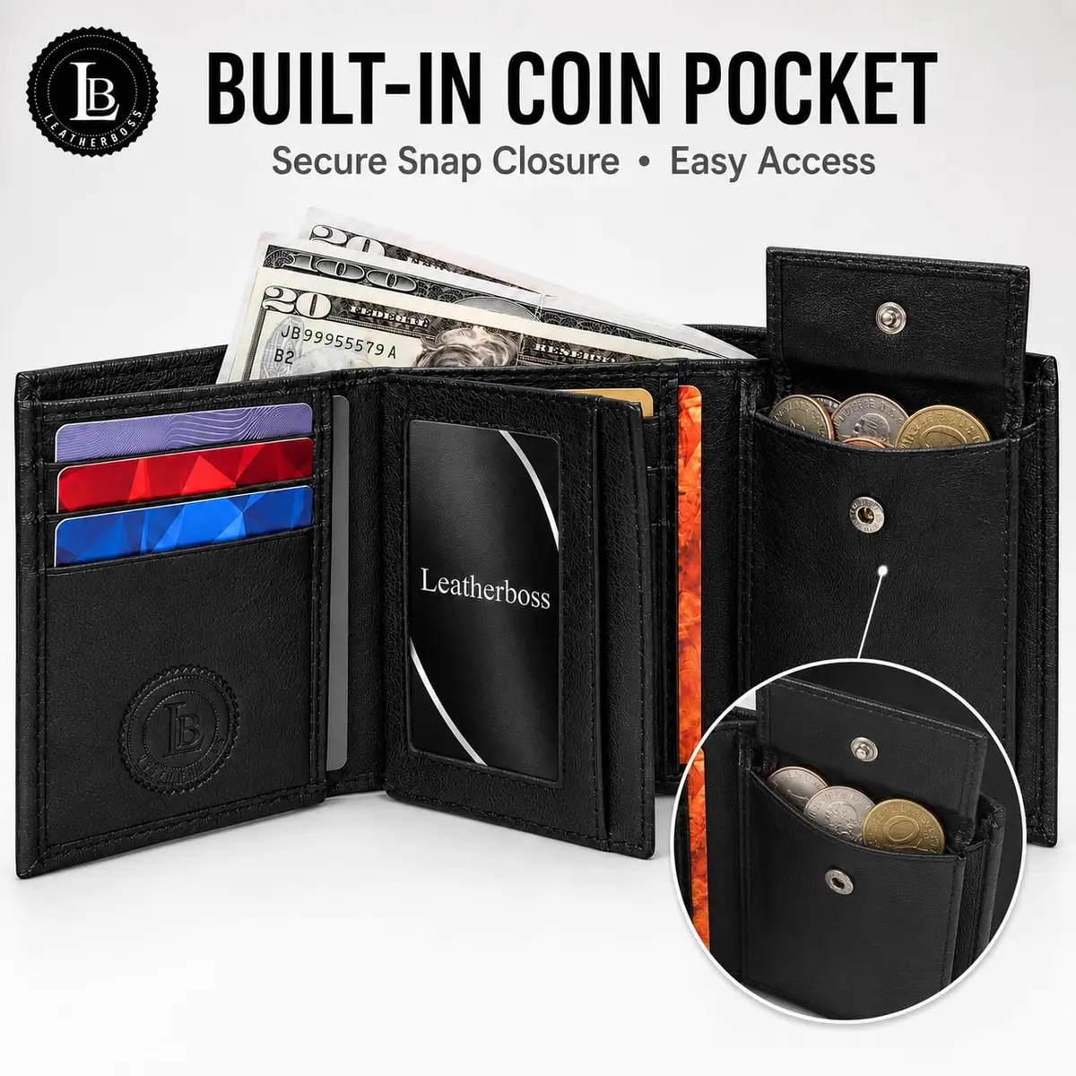 LB LEATHERBOSS Black Genuine Leather Trifold Wallet for Men | 10.16cm (4in) Long - view 2