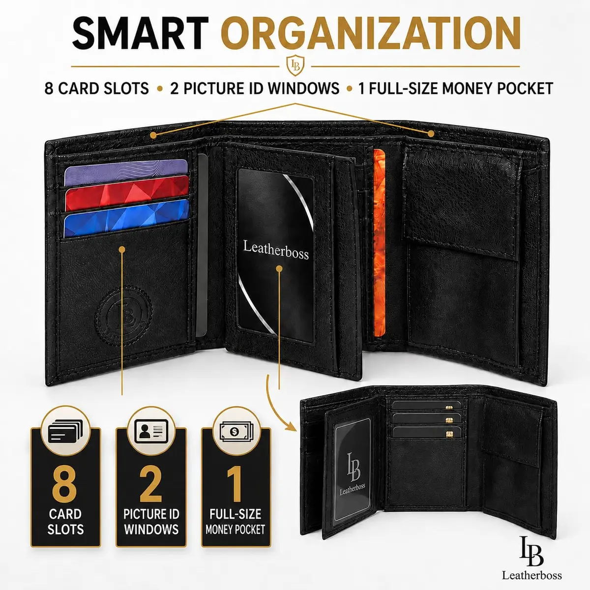LB LEATHERBOSS Black Genuine Leather Trifold Wallet for Men | 10.16cm (4in) Long - view 4