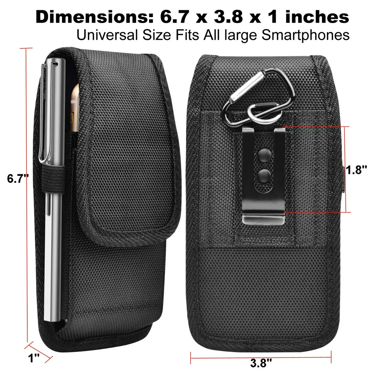Takfox Universal Cell Phone Holster Case with Belt Clip & Carabiner for Smartphones up to 6.5" | Black Nylon - view 5